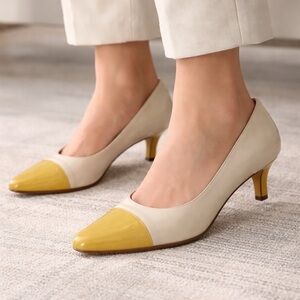 Salvatore Ferragamo Vintage Beige & Mustard Cap Toe Leather Pumps Kitten Heel 8